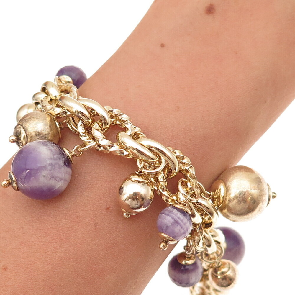 925 Sterling Silver Gold Plated Italy Real Amethyst Cha-Cha Bracelet 7"
